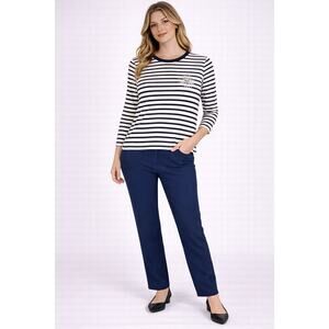 J.Crew Women’s Small White Stripe Beaded Scoop Neck 3/4 Sleeve Cotton Top